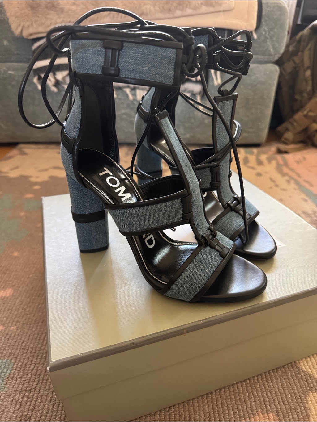 Tom Ford Denim & Black Lace-Up Block Heel Sandals